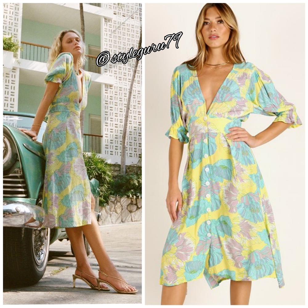 NWT, Anthropologie, Faithfull Deep V Floral Print Lera Midi Dress